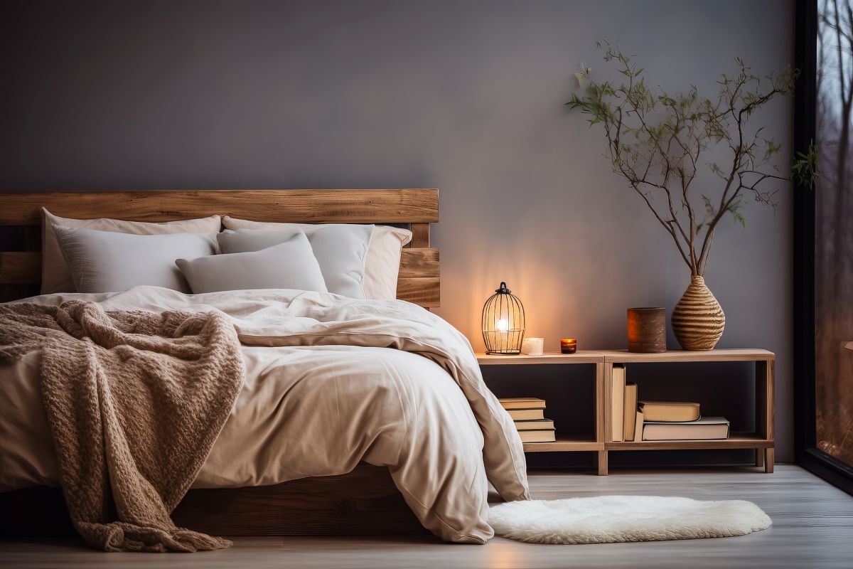 modern bedroom with comfortable bed and lamp on bedside table